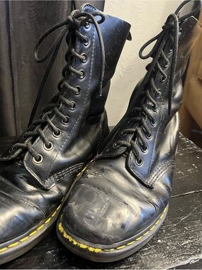 Dr. Martens Black Leather Lace-Up Combat Boots with Yellow Welt Stitching